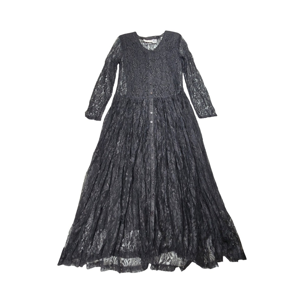 Carol Horn Vintage 80s 90s Black Lace Maxi Dress Long Sleeve Drop Waist Goth MD